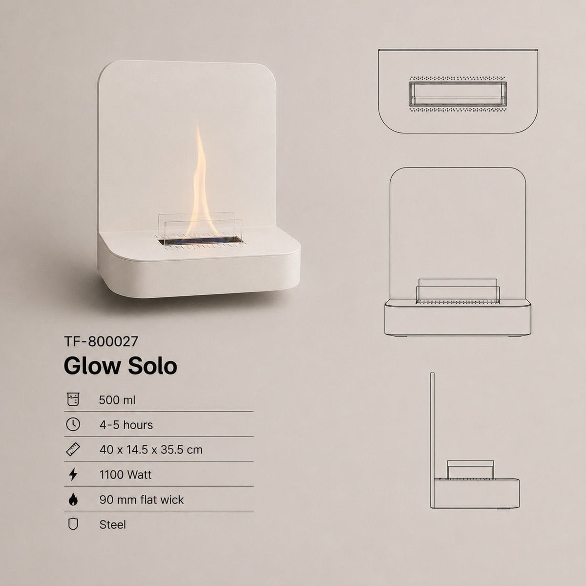 Tenderflame Glow Solo 90 wandhaard beige staal met afmetingen Hoofdafbeelding