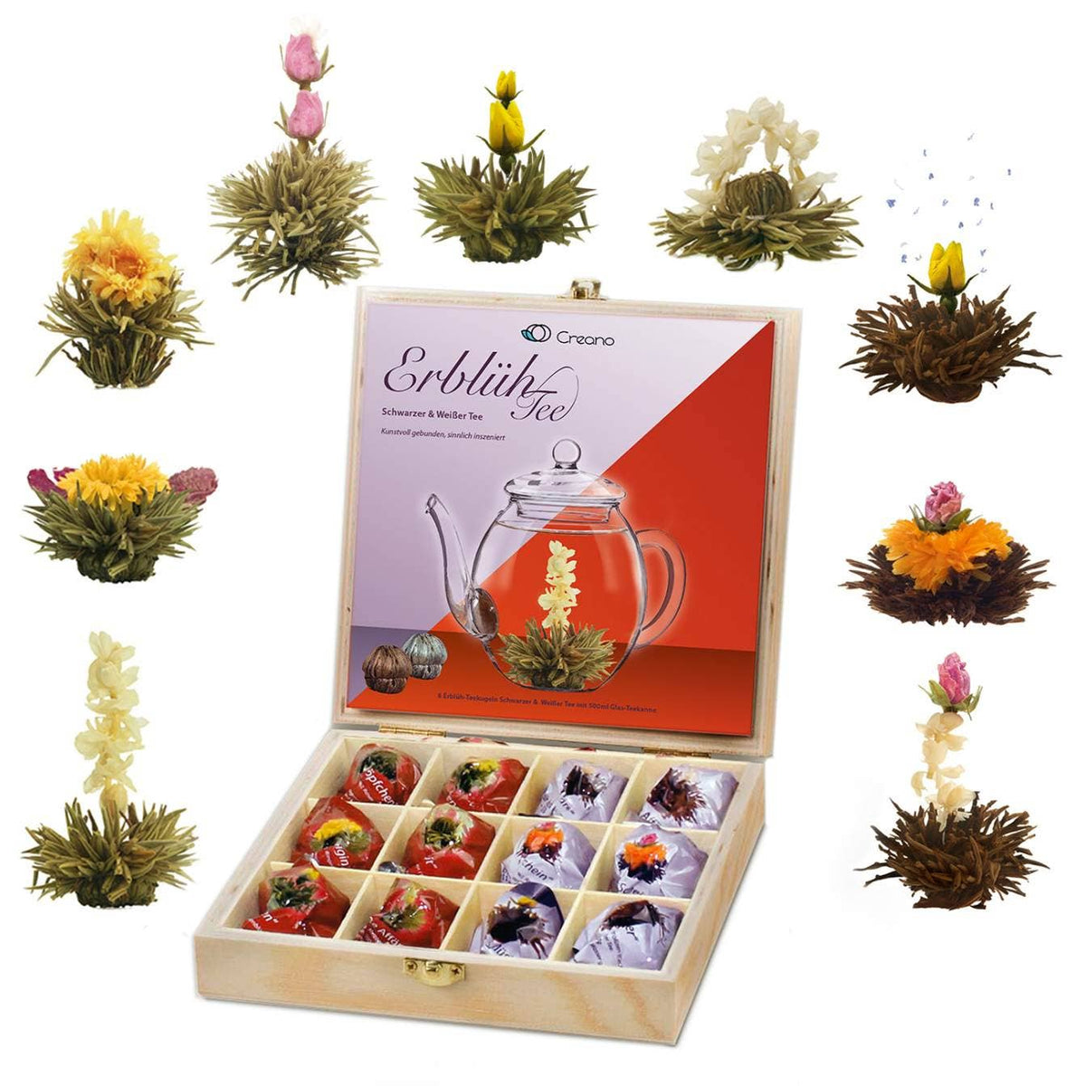 Theebloemen Geschenkset Creano in Houten Theedoos (12 stuks)