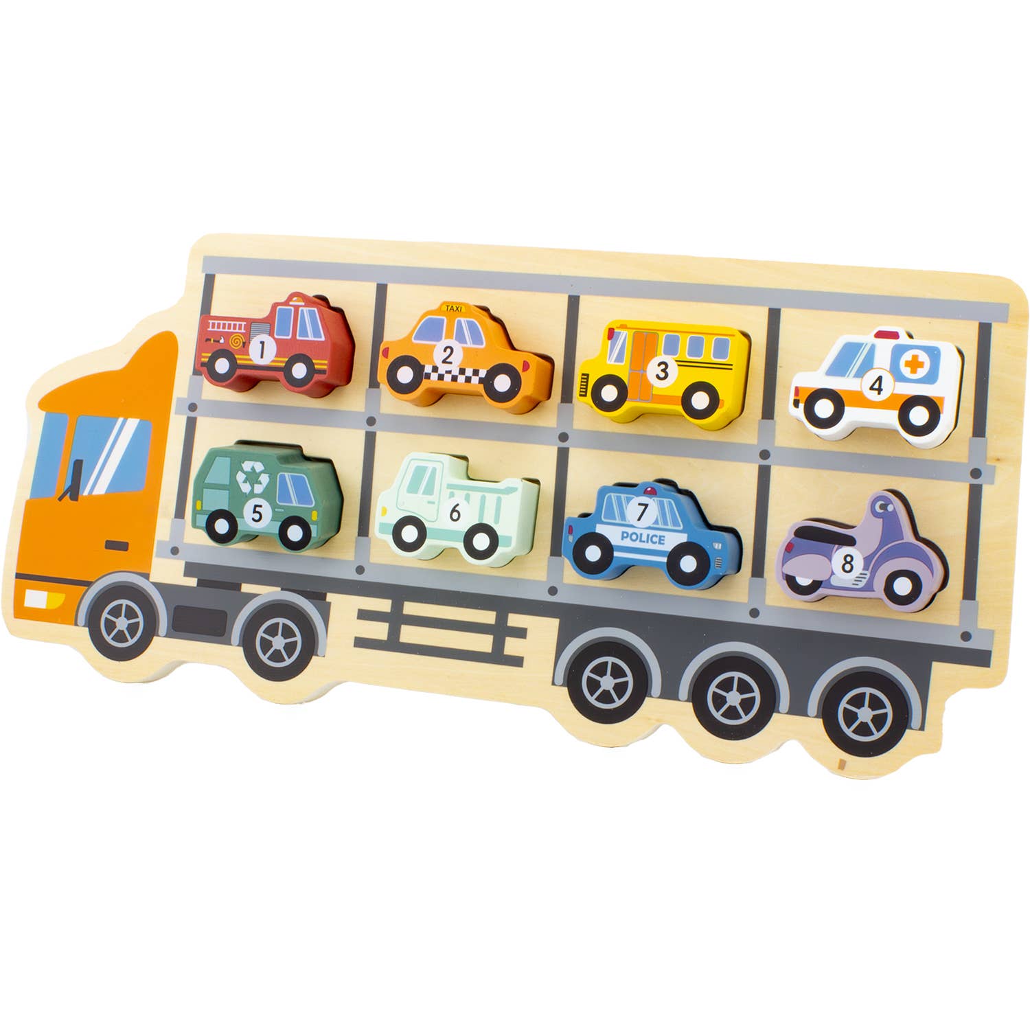 Puzzel met houten autotransporter met 8 genummerde voertuigen
