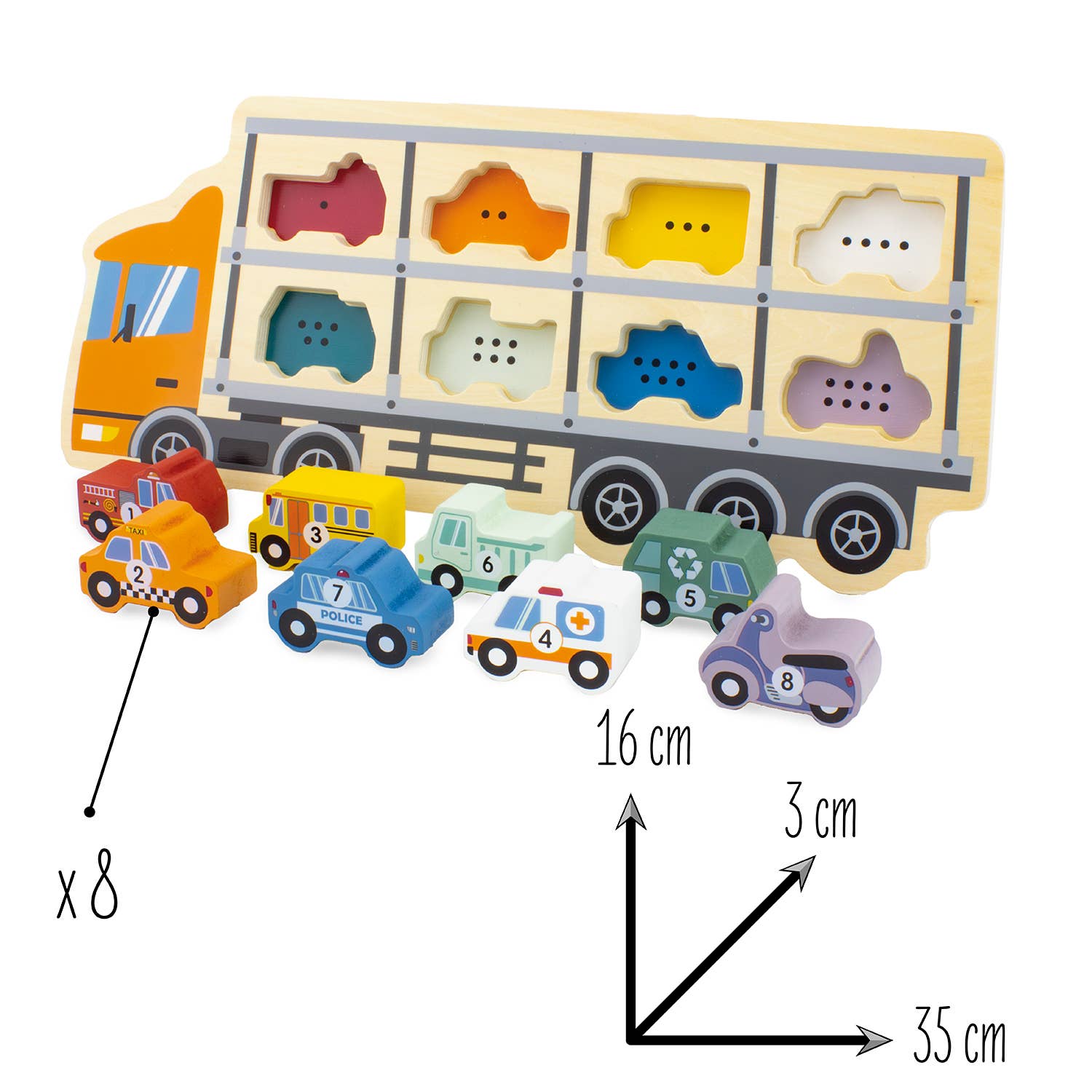 Puzzel met houten autotransporter met 8 genummerde voertuigen