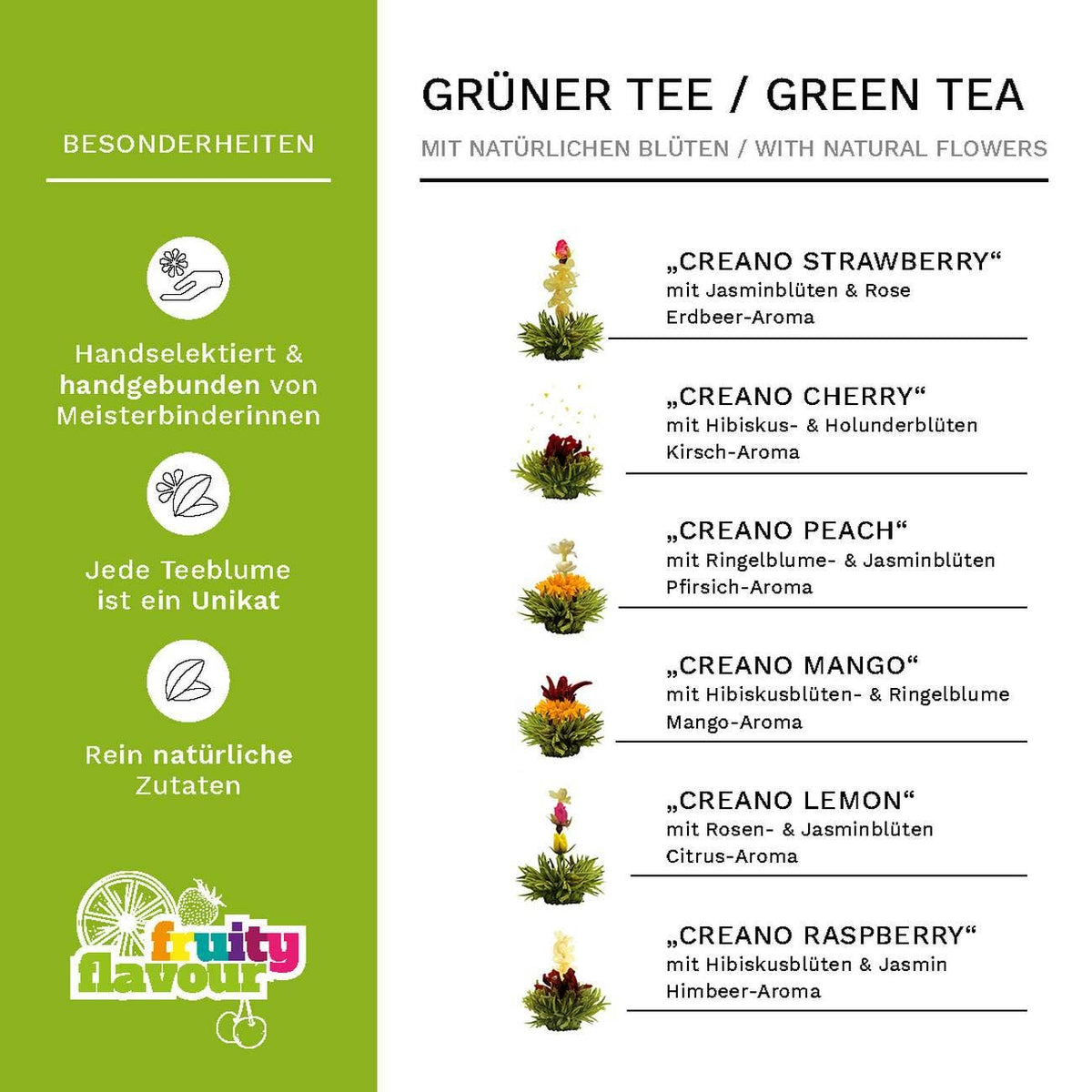 6 Theebloemen Groene Thee Creano in Hartvormige Houten Doos