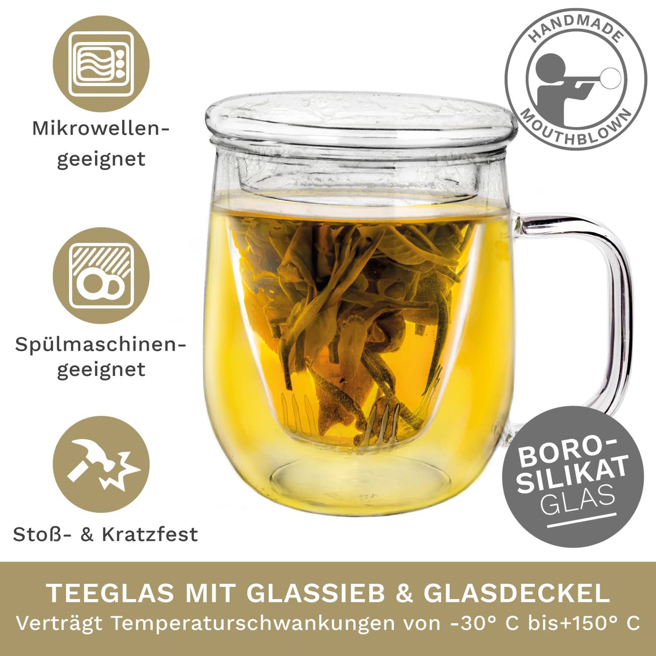 Theeglas Creano 450ml met glazen zeef en deksel