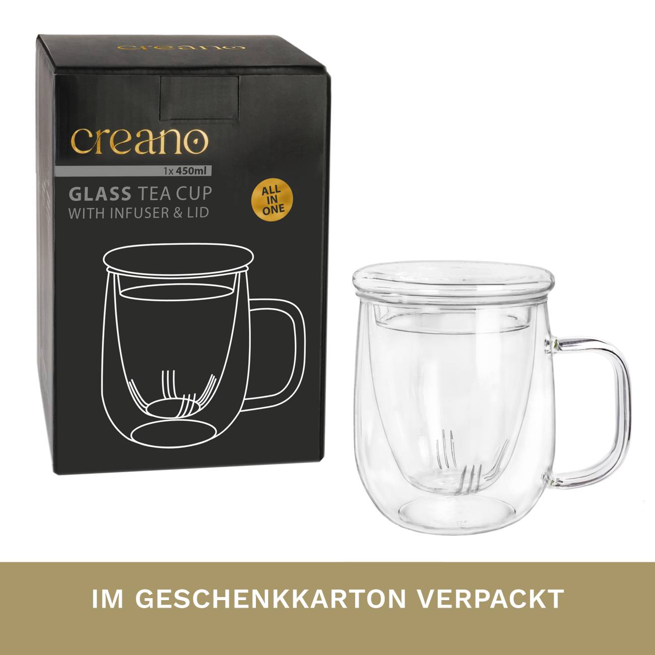 Theeglas Creano 450ml met glazen zeef en deksel