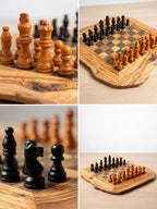 Handgemaakte Olijfhouten Schaakset - Rustieke Leefrand - Zwart: 33 cm -12,99"