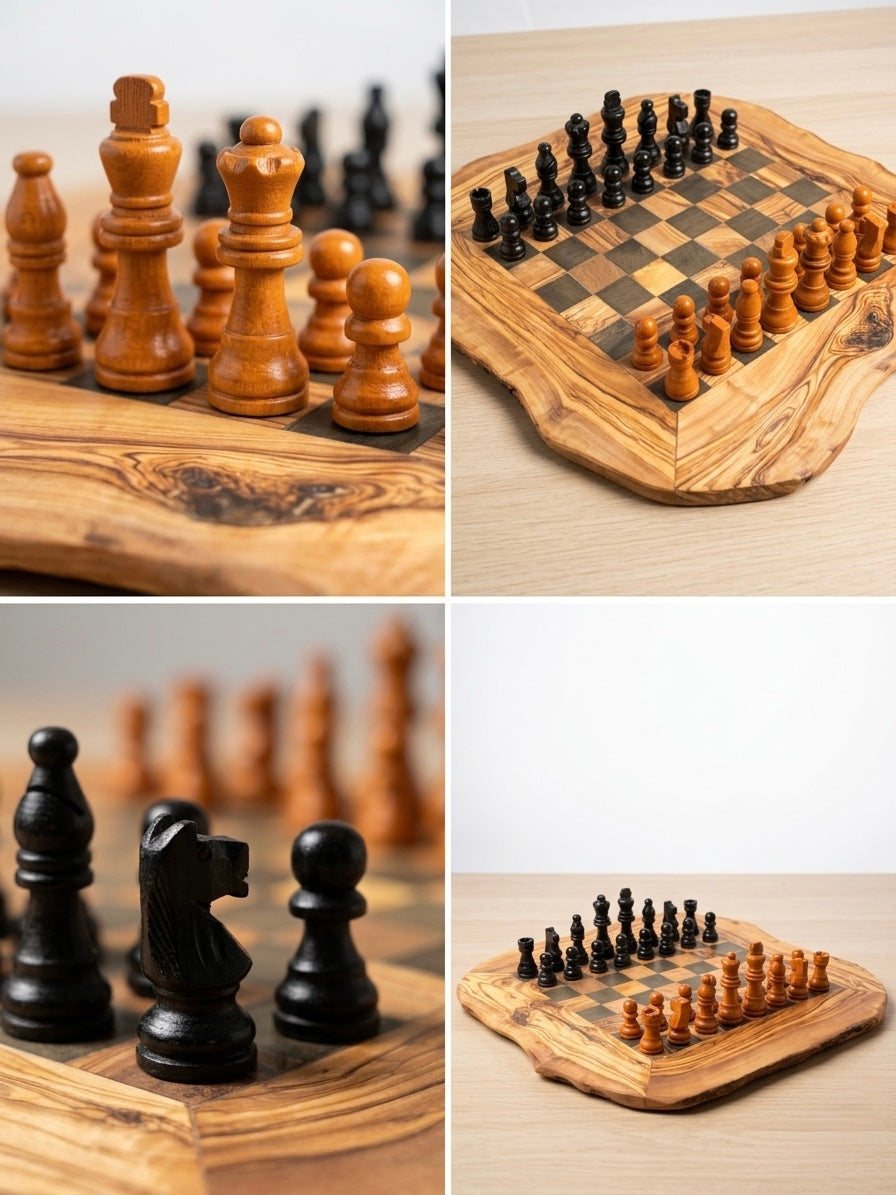 Handgemaakte Olijfhouten Schaakset - Rustieke Leefrand - Zwart: 33 cm -12,99"