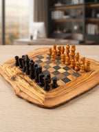 Handgemaakte Olijfhouten Schaakset - Rustieke Leefrand - Zwart: 33 cm -12,99"