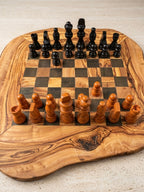 Handgemaakte Olijfhouten Schaakset - Rustieke Leefrand - Zwart: 33 cm -12,99"