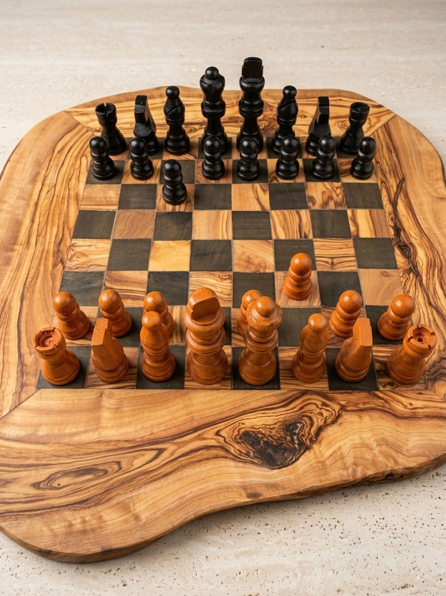 Handgemaakte Olijfhouten Schaakset - Rustieke Leefrand - Zwart: 33 cm -12,99"