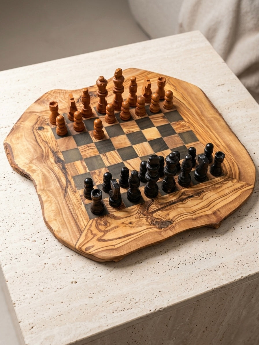 Handgemaakte Olijfhouten Schaakset - Rustieke Leefrand - Zwart: 33 cm -12,99" Hoofdafbeelding