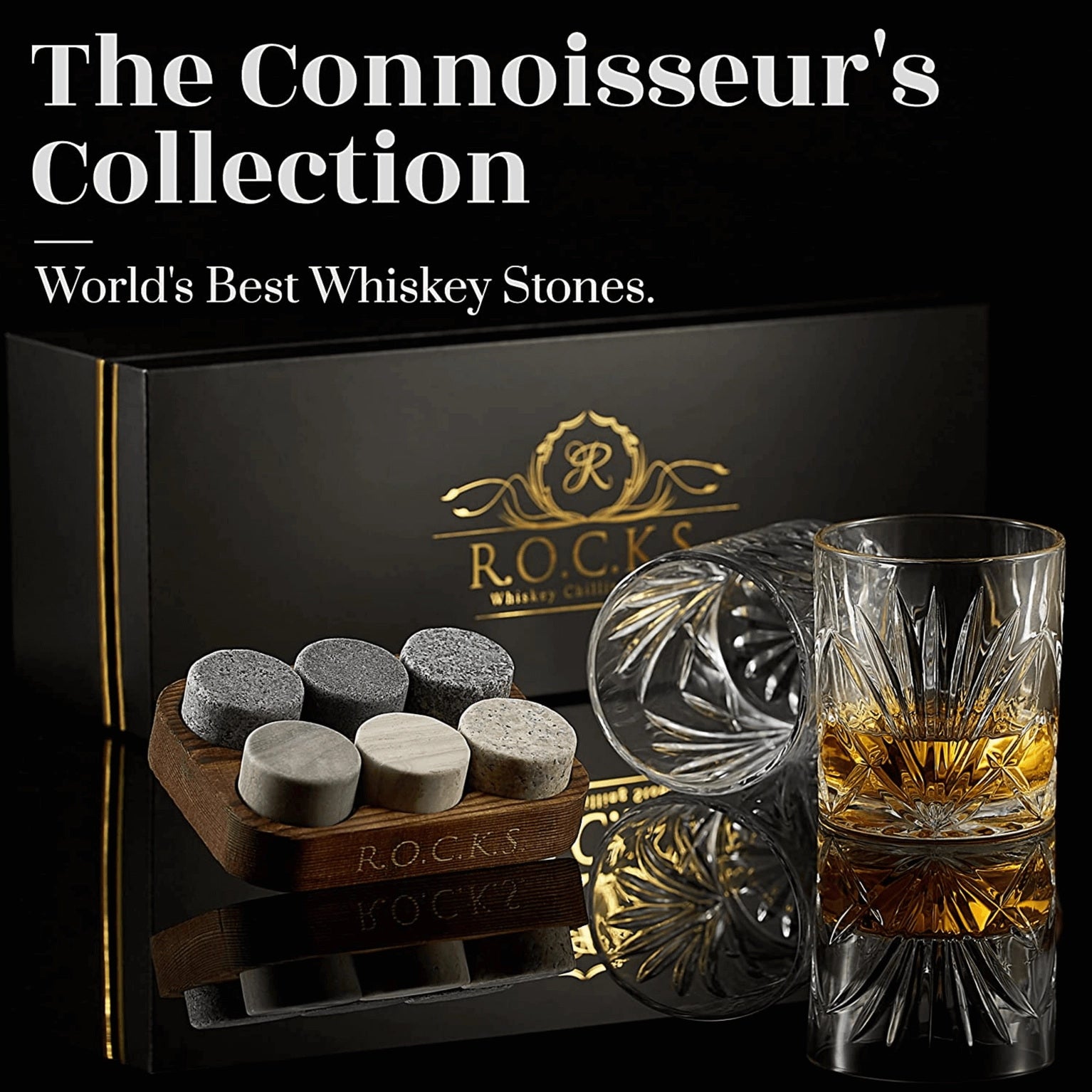 Whiskey cadeau set R.O.C.K.S. met graniet stenen en Palm glas