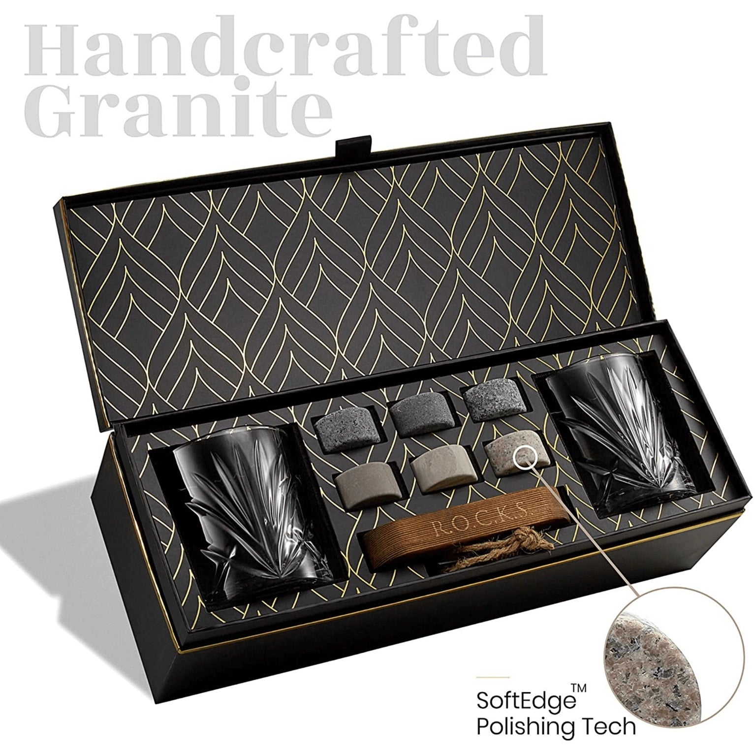 Whiskey cadeau set R.O.C.K.S. met graniet stenen en Palm glas