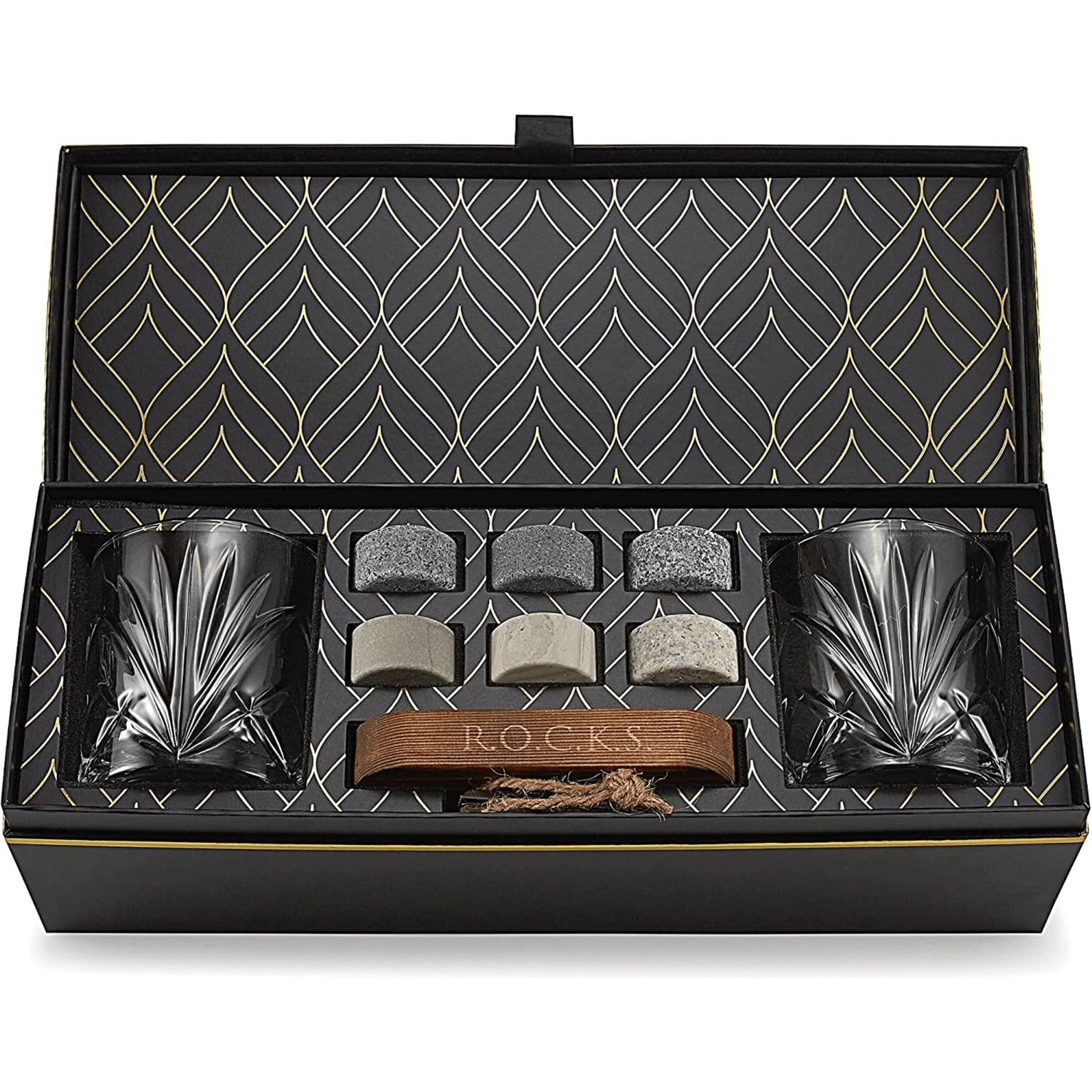 Whiskey cadeau set R.O.C.K.S. met graniet stenen en Palm glas