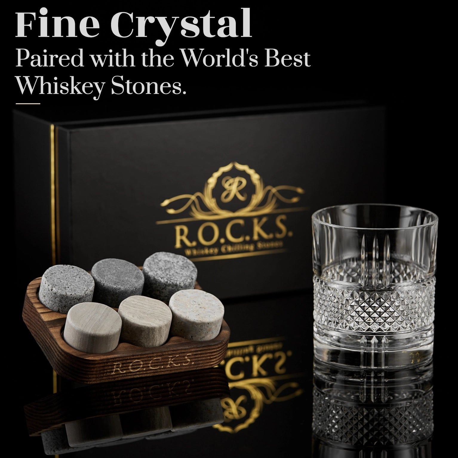 Whiskey cadeau set R.O.C.K.S. met graniet stenen en Reserve glas