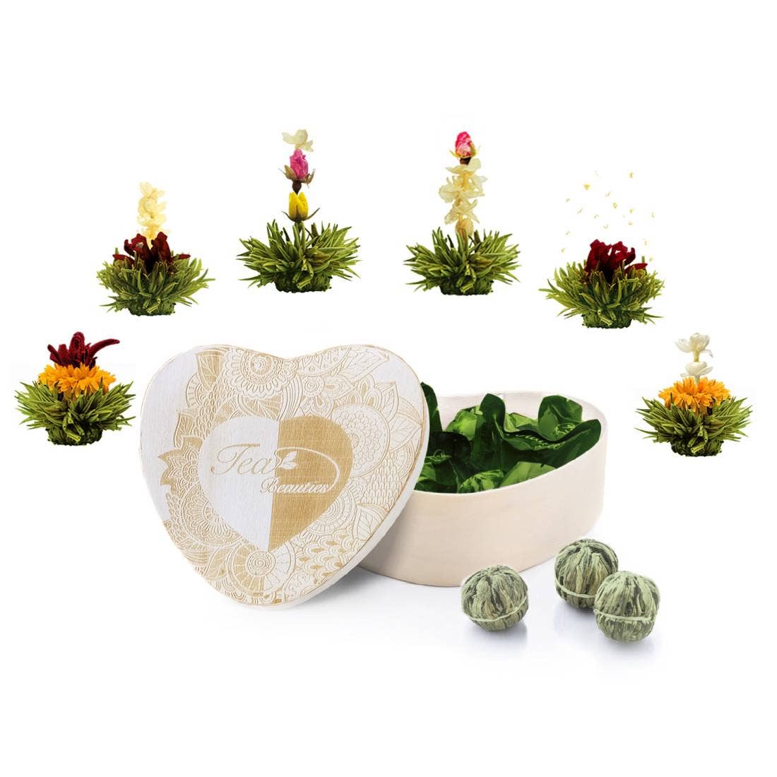 6 Theebloemen Groene Thee Creano in Hartvormige Houten Doos