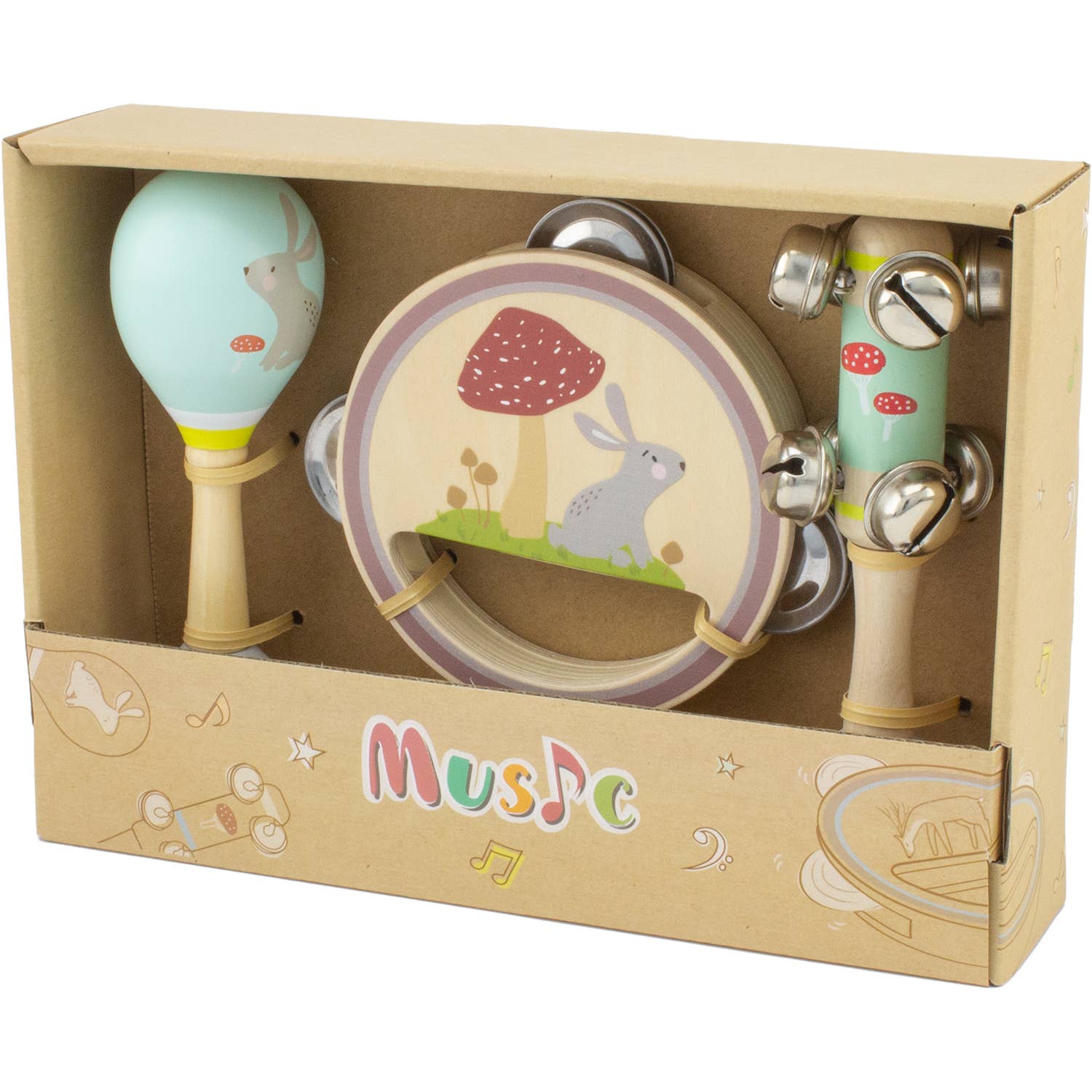 Muziekset met konijntje - maracas, tamboerijn en ratel