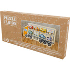 Puzzel met houten autotransporter met 8 genummerde voertuigen