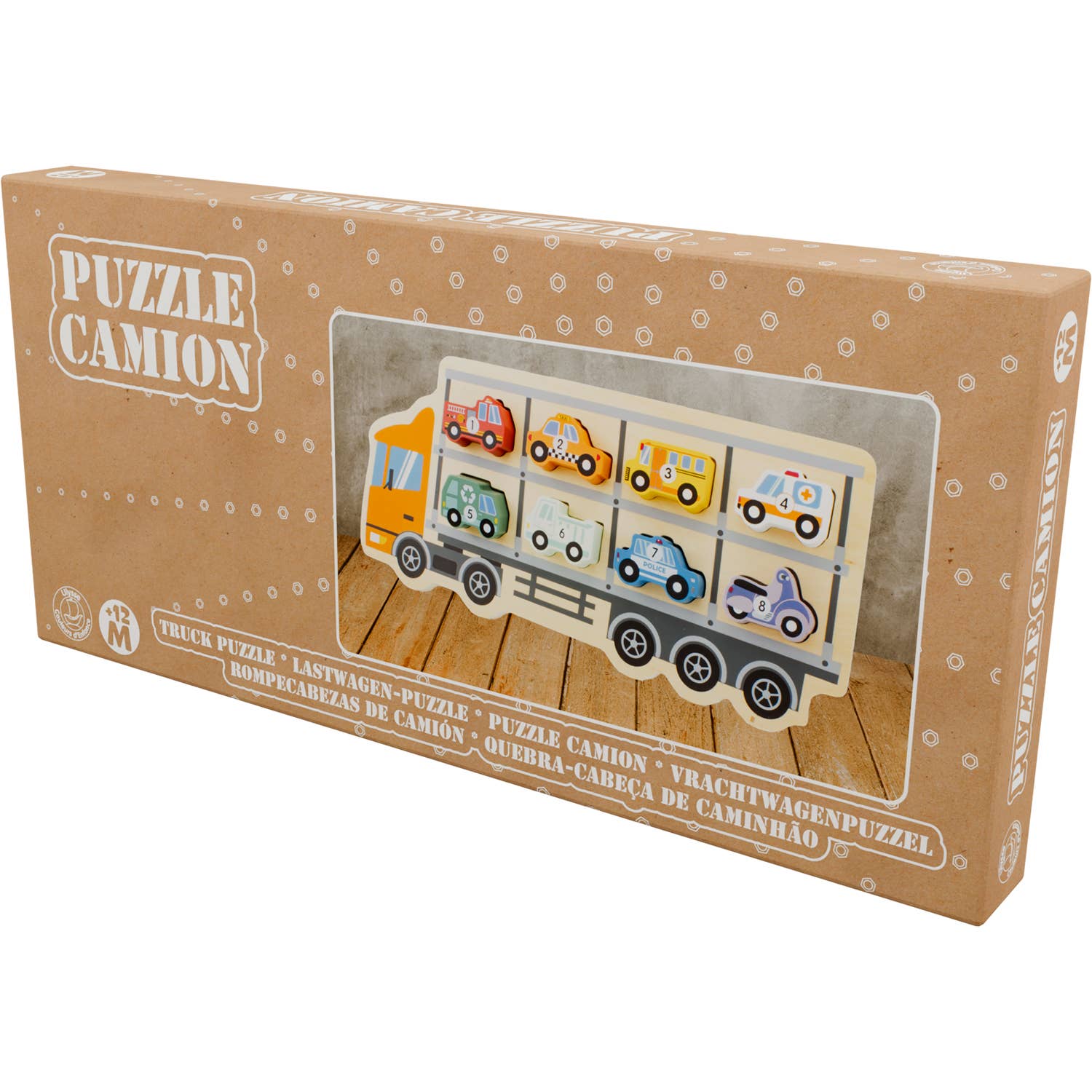 Puzzel met houten autotransporter met 8 genummerde voertuigen