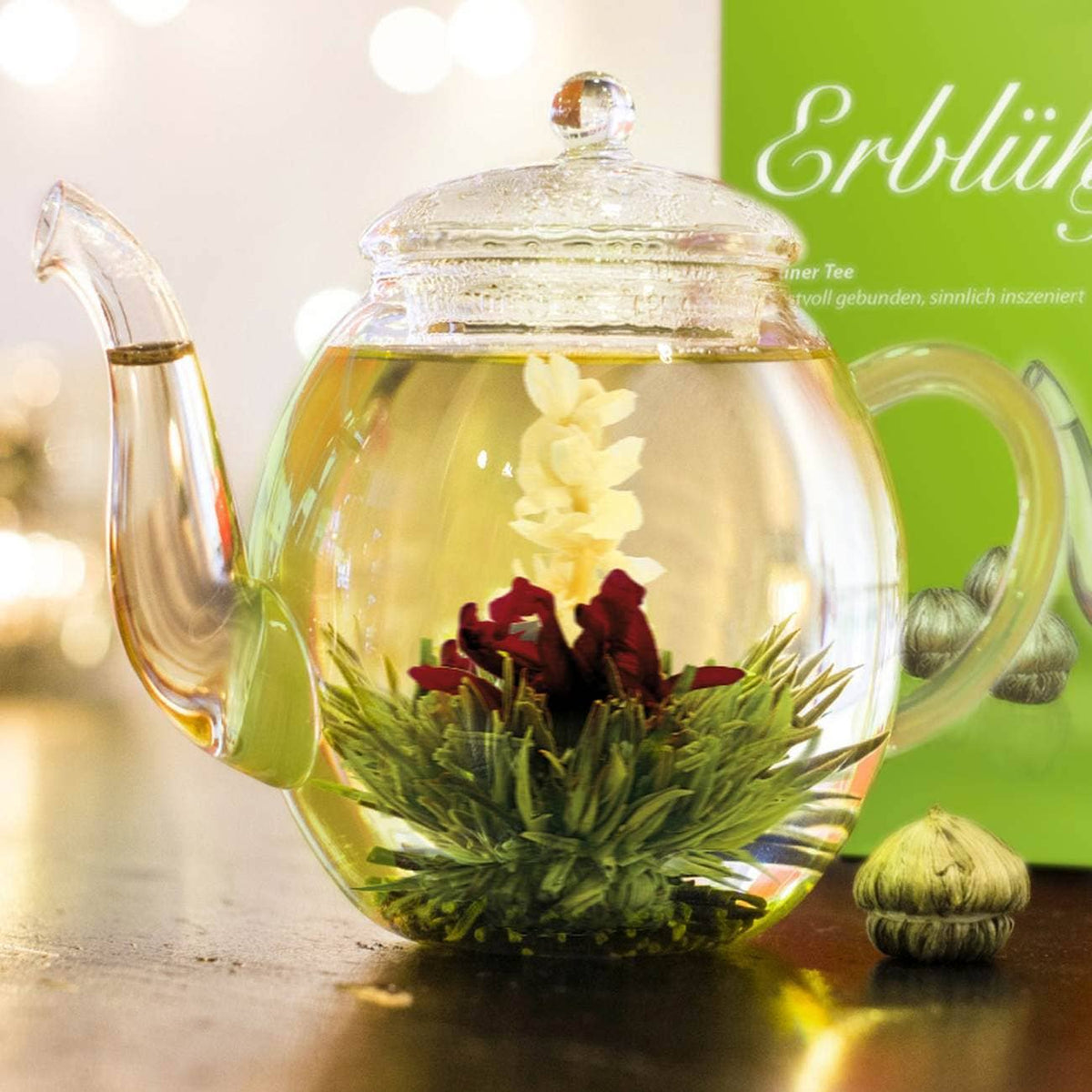 6 Theebloemen Groene Thee Creano in Hartvormige Houten Doos